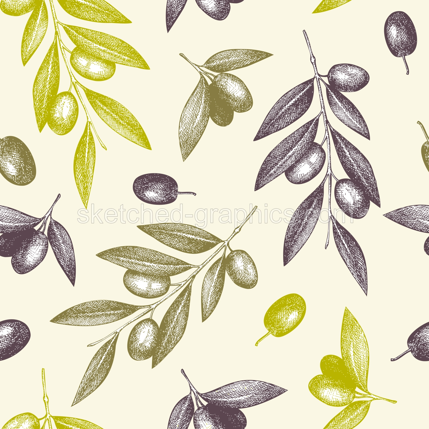 Olive seamless pattern. Healthy food background. Hand-drawn vector illustration. Olives branches, leaves and fruits sketches. Packaging, kitchen design. NOT AT generated Illustration